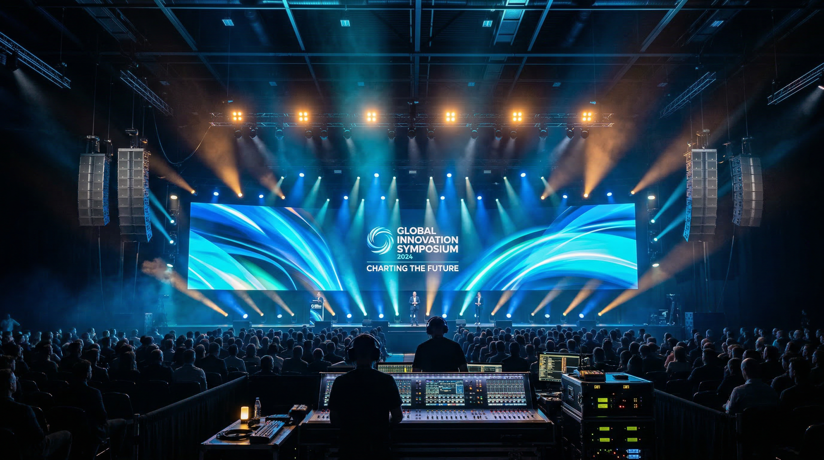 Large corporate event with LED wall, professional stage lighting, and sound system