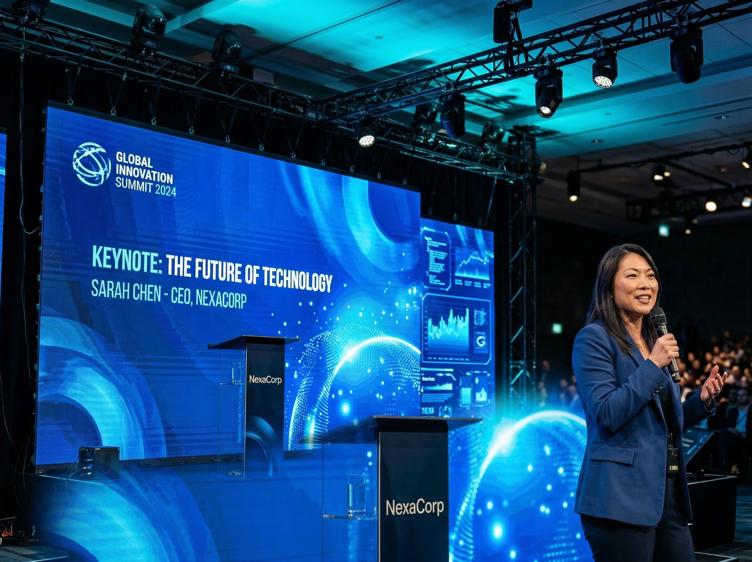 LED video wall at corporate keynote presentation