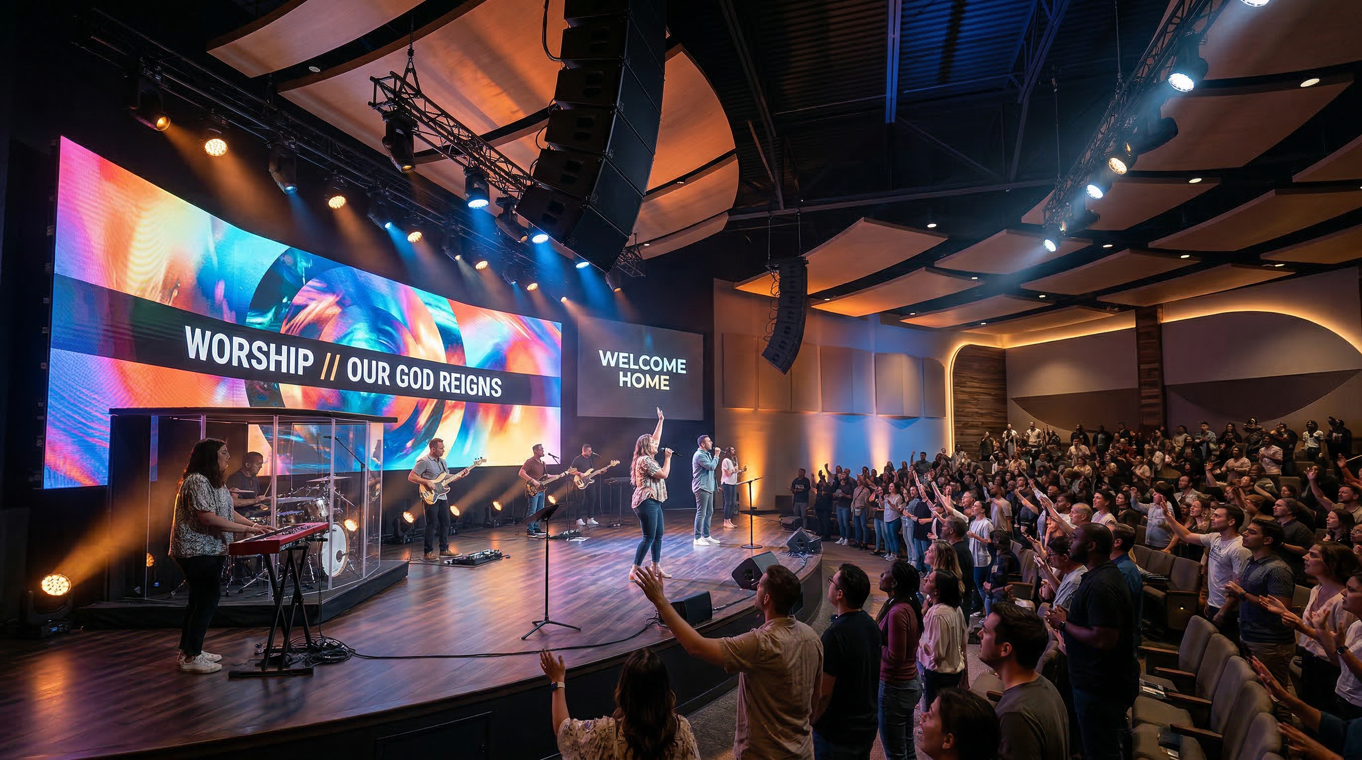 Modern church worship space with LED wall and professional AV installation