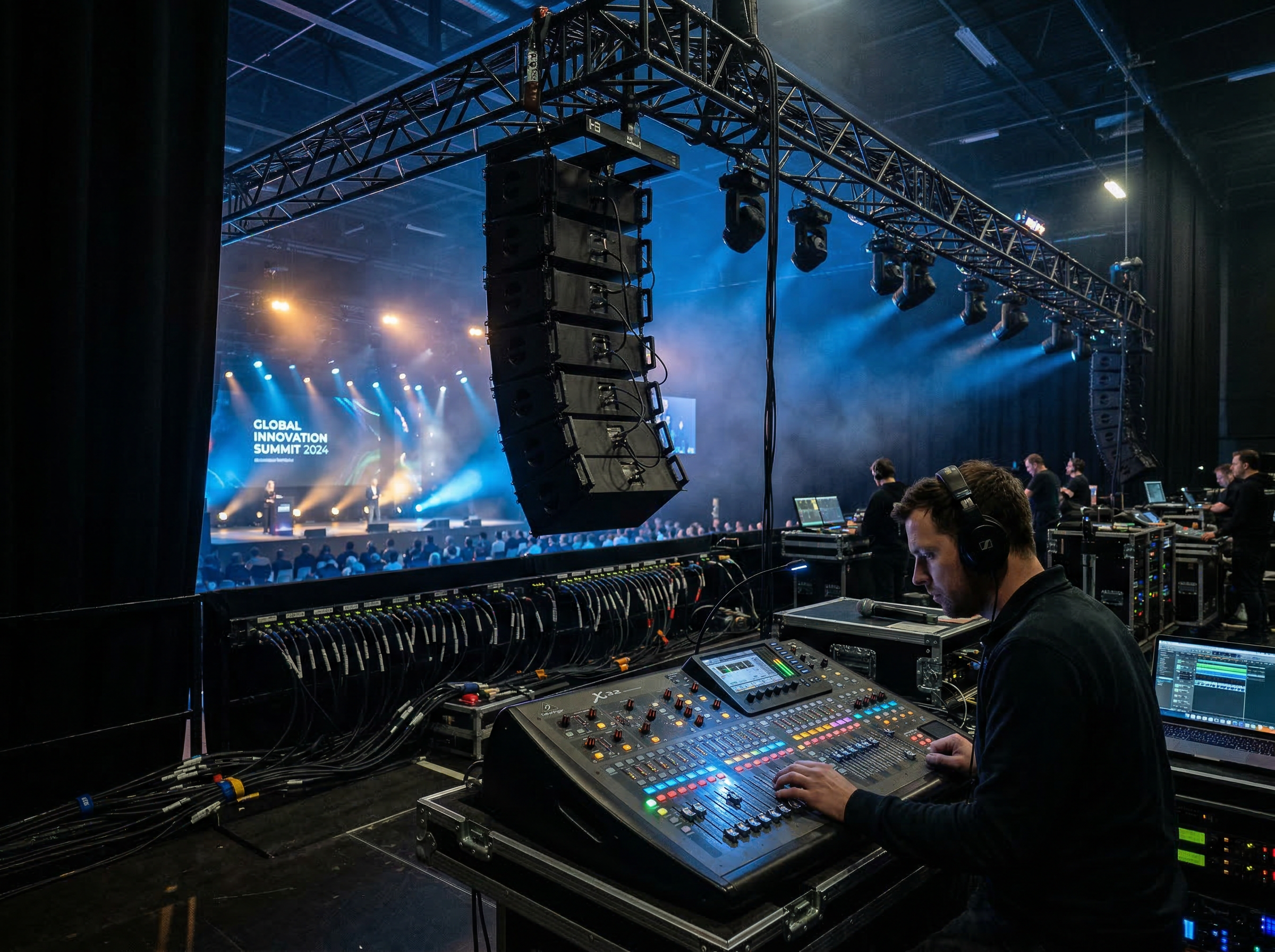 Audio engineer at mixing console with line array speaker system